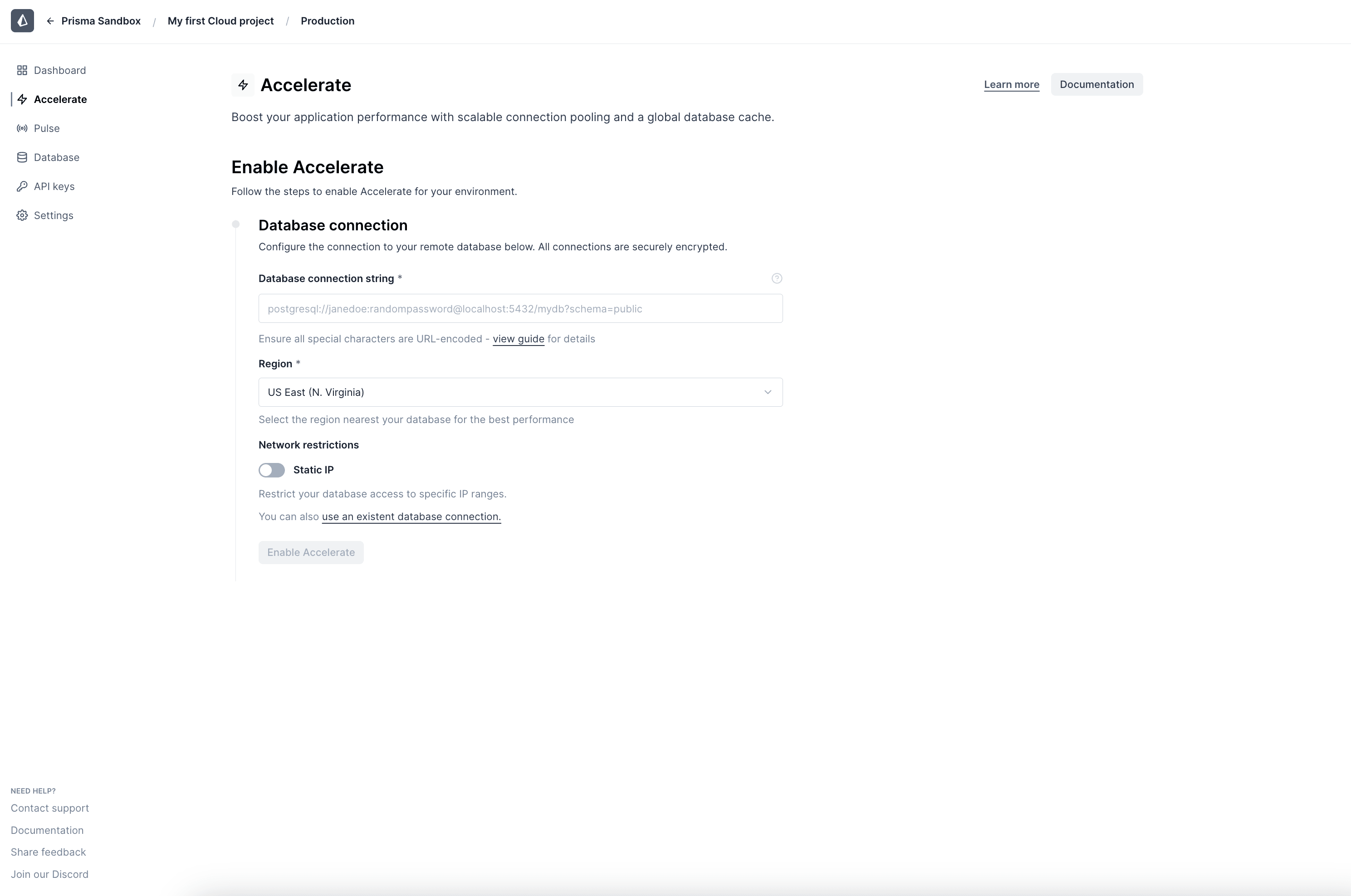 Accelerateを有効にする際に静的IPを有効にする